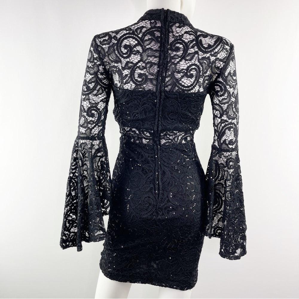 Jodi Kristopher Women's Black Lace Sequin Mini Dress with Flare Sleeves Size XS - Picture 8 of 11